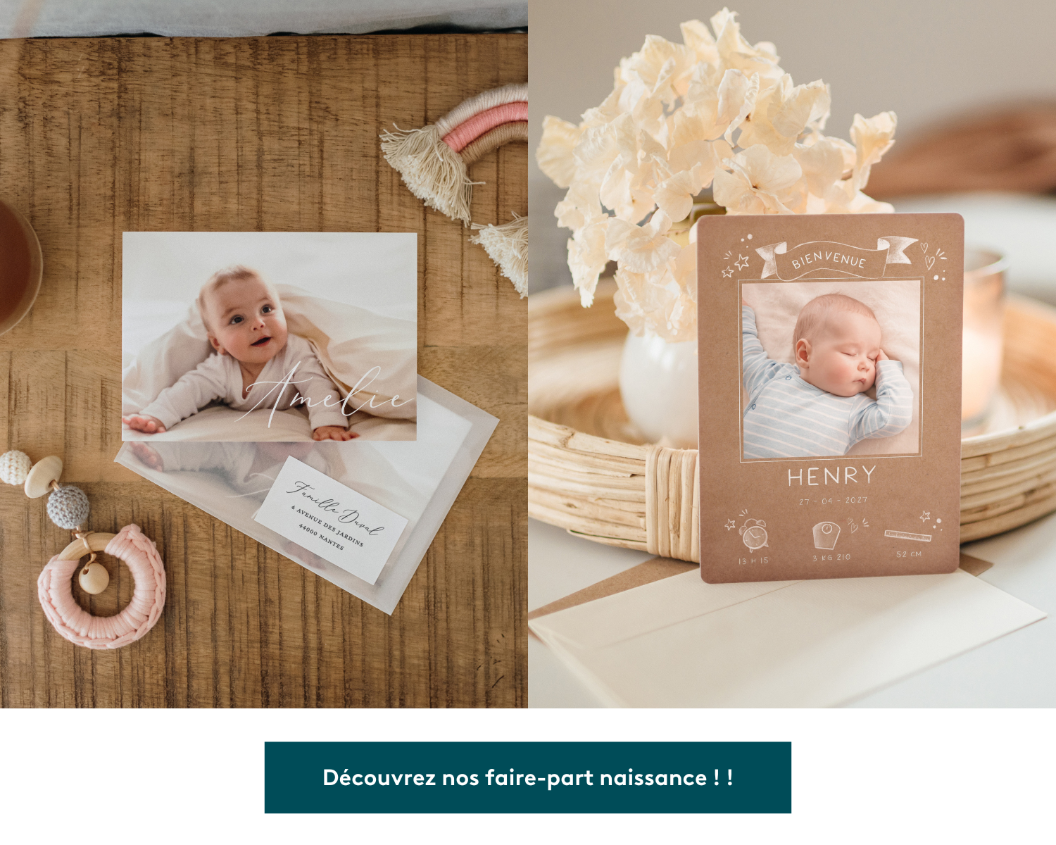Faire-part de naissance avec illustration d’animal sauvage et enveloppe assortie