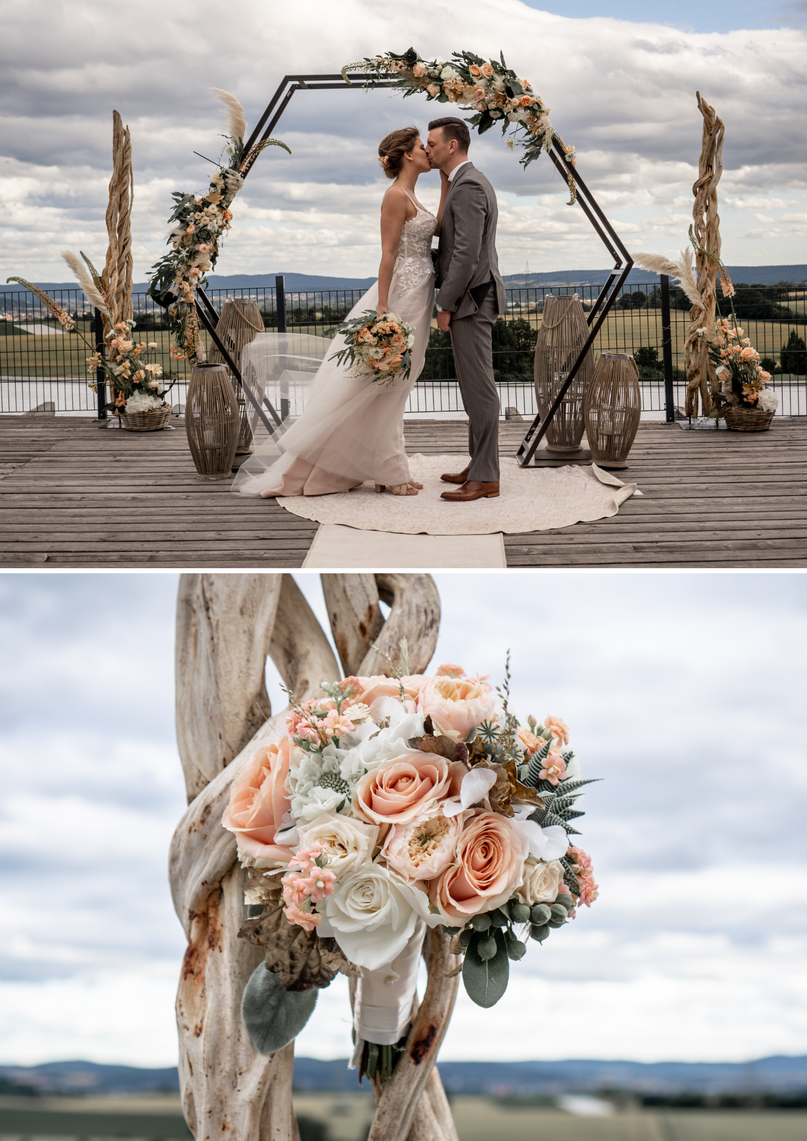 couple mariage floral bohème tons roses et pêches