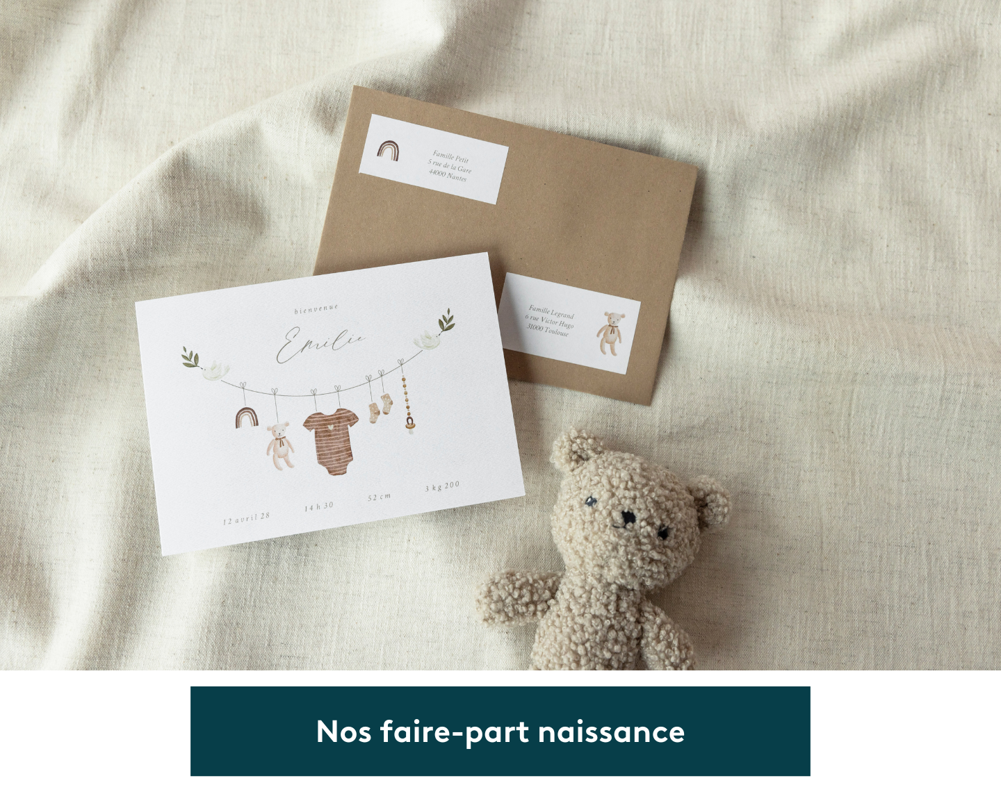 Faire-part de naissance avec illustration d’animaux sauvages et enveloppe assortie